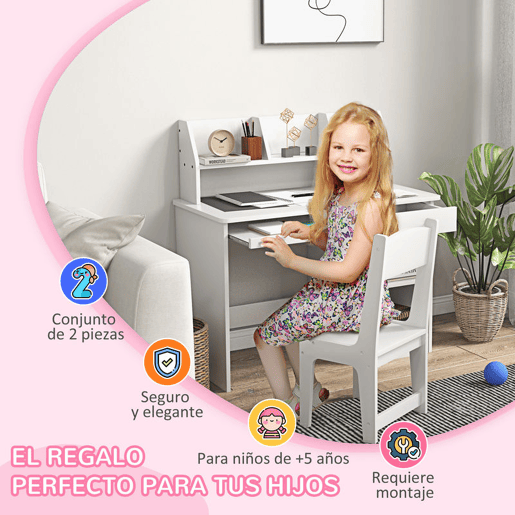 ZONEKIZ Conjunto de Secretária e Cadeira para Crianças acima de 5 Anos Mesa e Cadeira Infantil com 2 Gavetas e Compartimento para Dormitório Sala de Estudo Branco