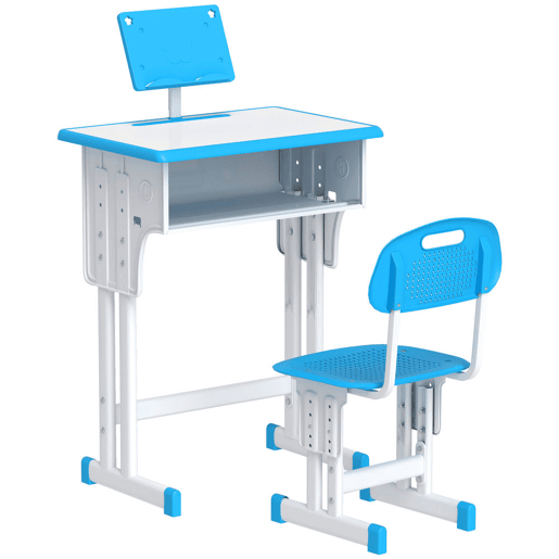 HOMCOM Conjunto de Secretária e Cadeira para Crianças de 6-12 Anos Secretária Infantil com Altura Ajustável 1 Gaveta 1 Suporte para Lápis e 1 Prateleira para Livros 60x45x90-120 cm Azul