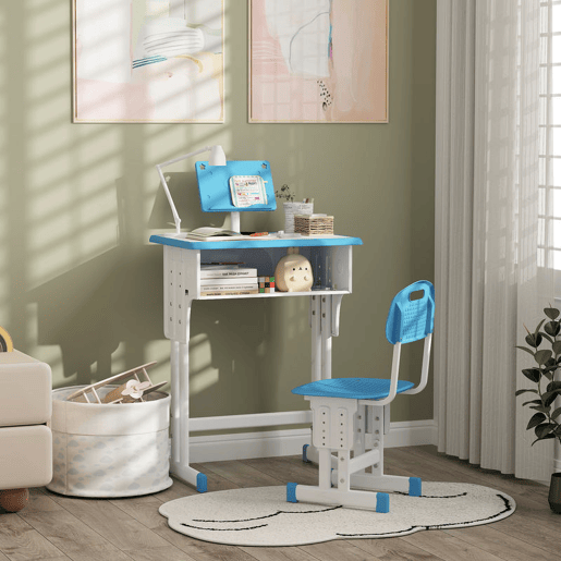 HOMCOM Conjunto de Secretária e Cadeira para Crianças de 6-12 Anos Secretária Infantil com Altura Ajustável 1 Gaveta 1 Suporte para Lápis e 1 Prateleira para Livros 60x45x90-120 cm Azul