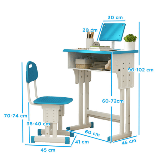 HOMCOM Conjunto de Secretária e Cadeira para Crianças de 6-12 Anos Secretária Infantil com Altura Ajustável 1 Gaveta 1 Suporte para Lápis e 1 Prateleira para Livros 60x45x90-120 cm Azul