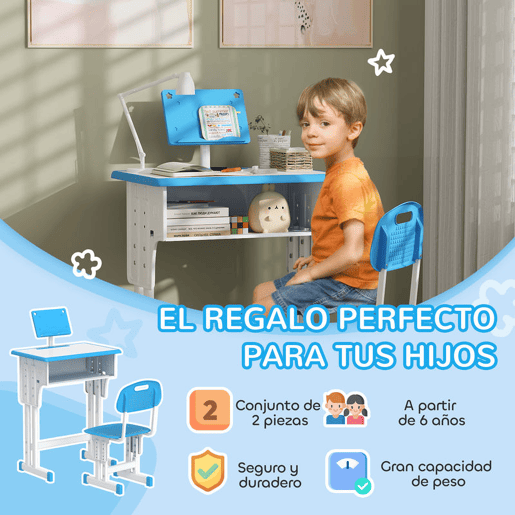 HOMCOM Conjunto de Secretária e Cadeira para Crianças de 6-12 Anos Secretária Infantil com Altura Ajustável 1 Gaveta 1 Suporte para Lápis e 1 Prateleira para Livros 60x45x90-120 cm Azul