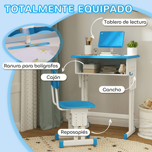 HOMCOM Conjunto de Secretária e Cadeira para Crianças de 6-12 Anos Secretária Infantil com Altura Ajustável 1 Gaveta 1 Suporte para Lápis e 1 Prateleira para Livros 60x45x90-120 cm Azul