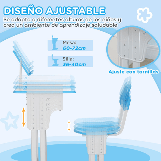 HOMCOM Conjunto de Secretária e Cadeira para Crianças de 6-12 Anos Secretária Infantil com Altura Ajustável 1 Gaveta 1 Suporte para Lápis e 1 Prateleira para Livros 60x45x90-120 cm Azul