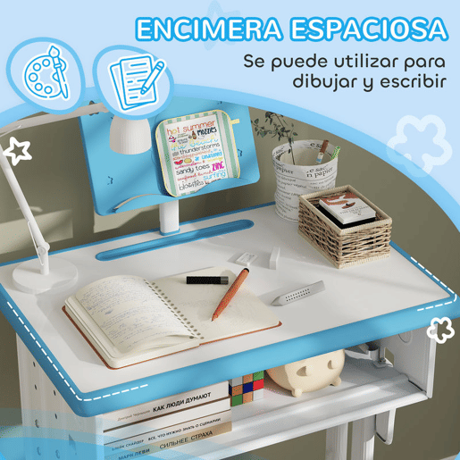 HOMCOM Conjunto de Secretária e Cadeira para Crianças de 6-12 Anos Secretária Infantil com Altura Ajustável 1 Gaveta 1 Suporte para Lápis e 1 Prateleira para Livros 60x45x90-120 cm Azul