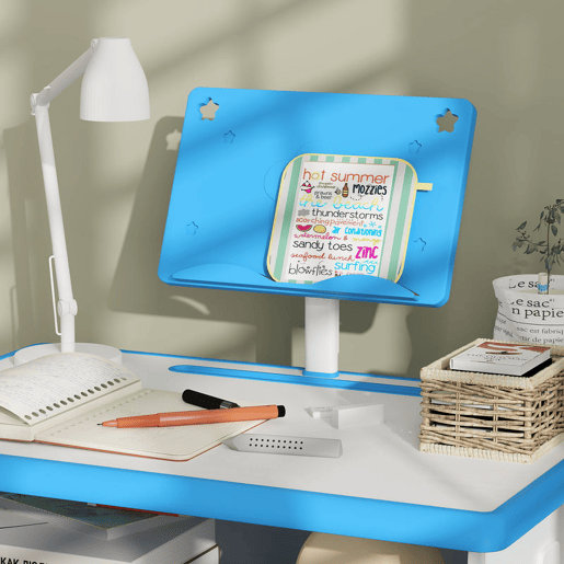 HOMCOM Conjunto de Secretária e Cadeira para Crianças de 6-12 Anos Secretária Infantil com Altura Ajustável 1 Gaveta 1 Suporte para Lápis e 1 Prateleira para Livros 60x45x90-120 cm Azul