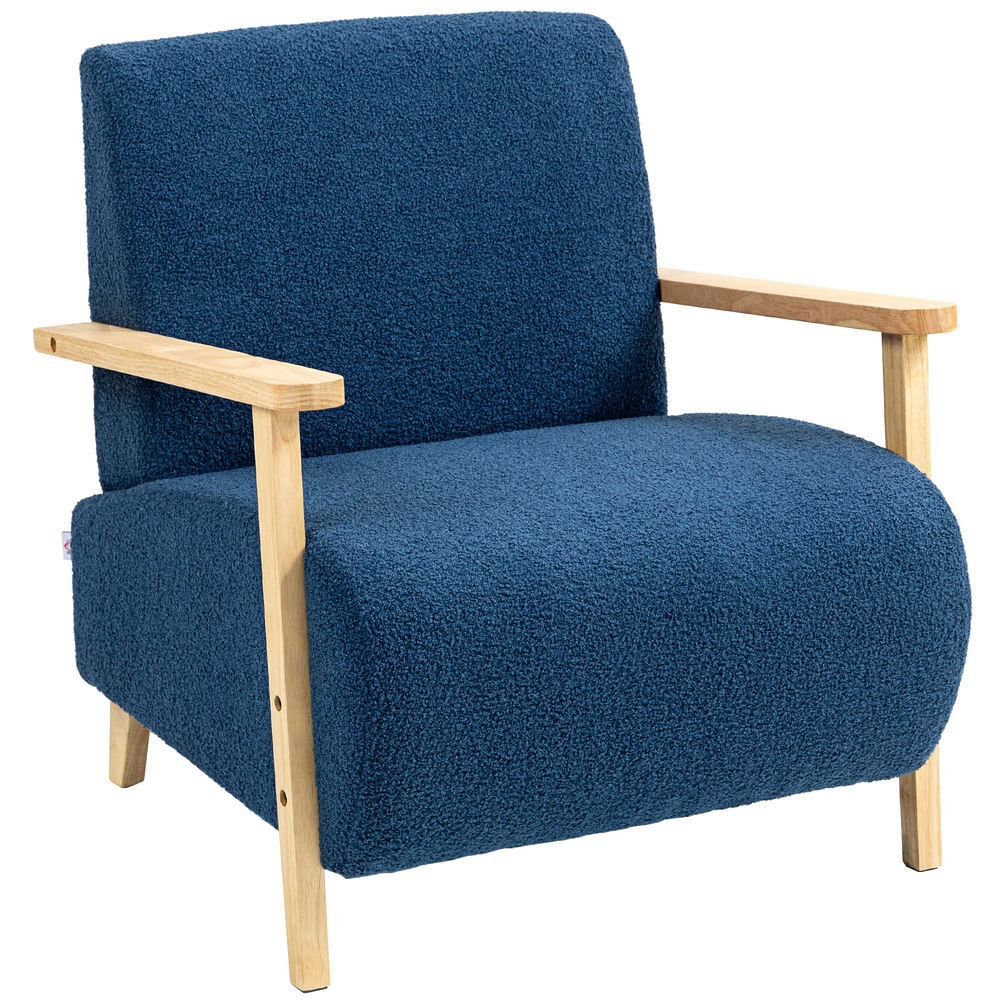 Homcom sillón de salón tapizado en borreguito butaca de salón de 74,5 cm con acolchado grueso reposabrazos y patas de madera para dormitorio sala de estar azul oscuro