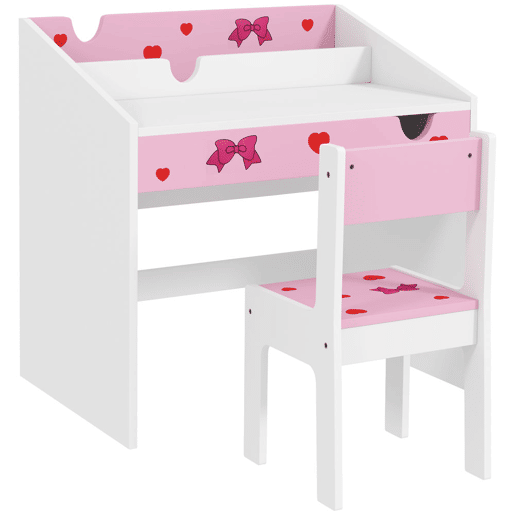 AIYAPLAY Conjunto de Secretária e Cadeira para Crianças acima de 3 Anos Secretária Infantil com Gaveta Amovível e Compartimento para Dormitório Sala de Jogos Rosa e Branco
