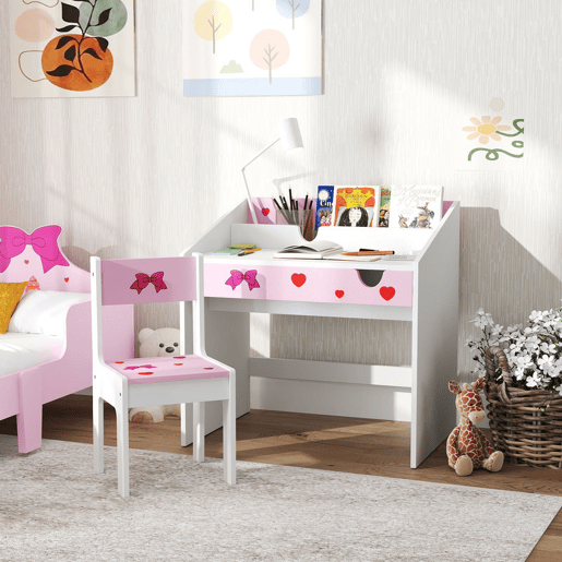 AIYAPLAY Conjunto de Secretária e Cadeira para Crianças acima de 3 Anos Secretária Infantil com Gaveta Amovível e Compartimento para Dormitório Sala de Jogos Rosa e Branco