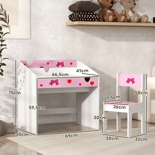 AIYAPLAY Conjunto de Secretária e Cadeira para Crianças acima de 3 Anos Secretária Infantil com Gaveta Amovível e Compartimento para Dormitório Sala de Jogos Rosa e Branco