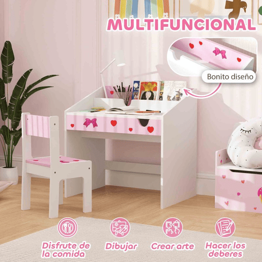 AIYAPLAY Conjunto de Secretária e Cadeira para Crianças acima de 3 Anos Secretária Infantil com Gaveta Amovível e Compartimento para Dormitório Sala de Jogos Rosa e Branco