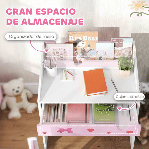 AIYAPLAY Conjunto de Secretária e Cadeira para Crianças acima de 3 Anos Secretária Infantil com Gaveta Amovível e Compartimento para Dormitório Sala de Jogos Rosa e Branco