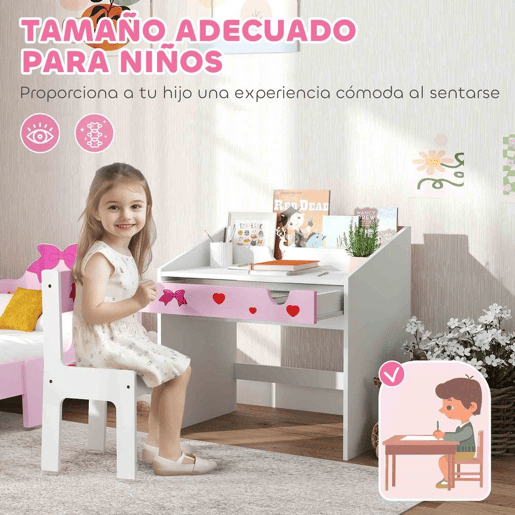 AIYAPLAY Conjunto de Secretária e Cadeira para Crianças acima de 3 Anos Secretária Infantil com Gaveta Amovível e Compartimento para Dormitório Sala de Jogos Rosa e Branco
