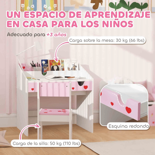 AIYAPLAY Conjunto de Secretária e Cadeira para Crianças acima de 3 Anos Secretária Infantil com Gaveta Amovível e Compartimento para Dormitório Sala de Jogos Rosa e Branco