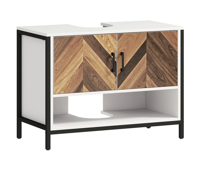 Homcom mueble bajo lavabo mueble de lavabo con pie mueble de baño con 2 puertas patrón en espiga y compartimento abierto para lavabo con o sin pedestal 80x40x60 cm crema y nogal