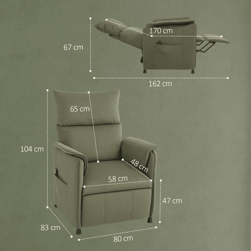 HOMCOM Poltrona Relax Reclinável Elétrica Poltrona Reclinável Silenciosa com Função Memória Apoio para Pés Controlo Remoto e Bolsos Laterais para Dormitório Sala de Estar 80x83x104 cm Verde Escuro