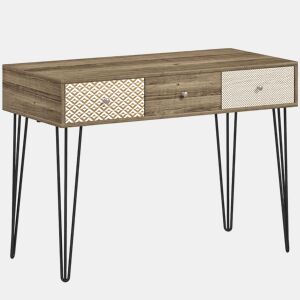 HOMCOM Secretária Estilo Boémio Mesa Secretária com 3 Gavetas e Pés de Ferro para Escritório Dormitório Tocador 105x50x75 cm Madeira