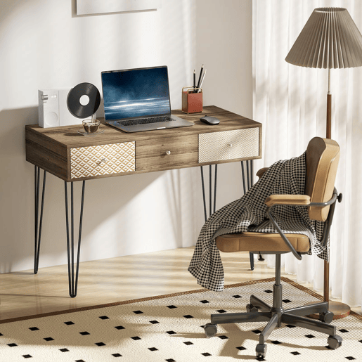 HOMCOM Secretária Estilo Boémio Mesa Secretária com 3 Gavetas e Pés de Ferro para Escritório Dormitório Tocador 105x50x75 cm Madeira