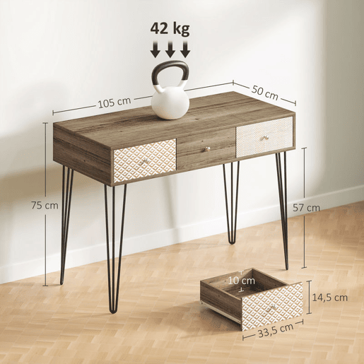 HOMCOM Secretária Estilo Boémio Mesa Secretária com 3 Gavetas e Pés de Ferro para Escritório Dormitório Tocador 105x50x75 cm Madeira