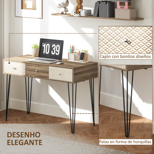 HOMCOM Secretária Estilo Boémio Mesa Secretária com 3 Gavetas e Pés de Ferro para Escritório Dormitório Tocador 105x50x75 cm Madeira