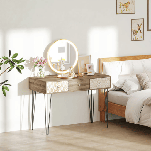 HOMCOM Secretária Estilo Boémio Mesa Secretária com 3 Gavetas e Pés de Ferro para Escritório Dormitório Tocador 105x50x75 cm Madeira