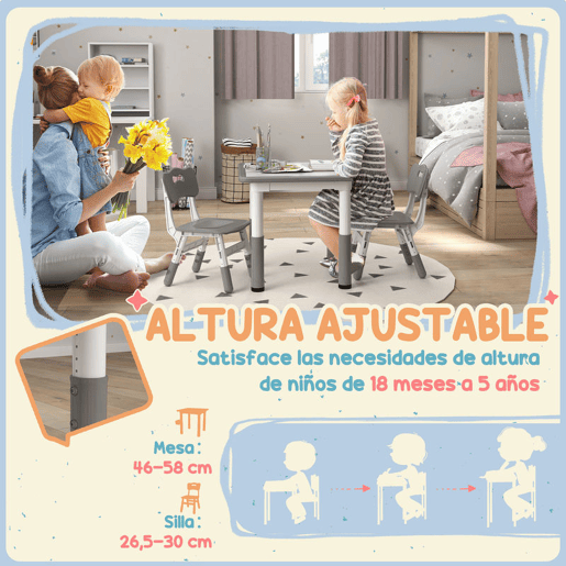 AIYAPLAY Mesa e Cadeiras para Crianças de 3 Peças com Altura Ajustável Mesa Infantil com 2 Cadeiras Fácil de Limpar para Crianças de 18 Meses a 5 Anos para Sala de Jogos Quarto Creche Branco e Cinza
