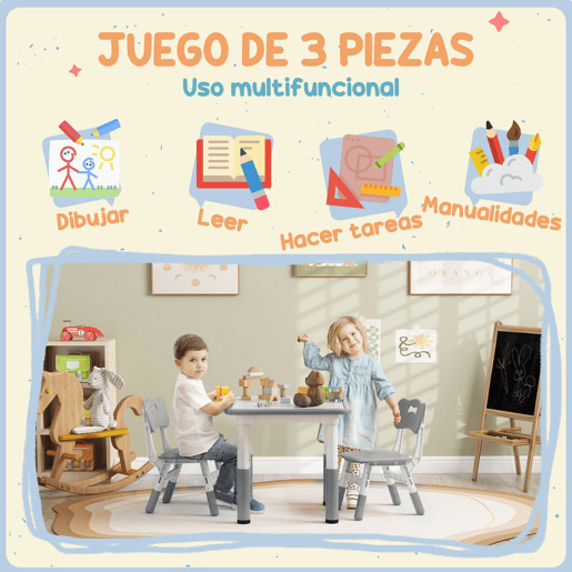 AIYAPLAY Mesa e Cadeiras para Crianças de 3 Peças com Altura Ajustável Mesa Infantil com 2 Cadeiras Fácil de Limpar para Crianças de 18 Meses a 5 Anos para Sala de Jogos Quarto Creche Branco e Cinza