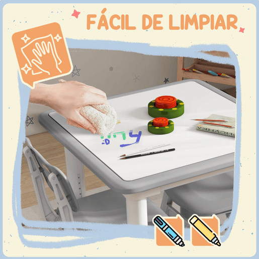 AIYAPLAY Mesa e Cadeiras para Crianças de 3 Peças com Altura Ajustável Mesa Infantil com 2 Cadeiras Fácil de Limpar para Crianças de 18 Meses a 5 Anos para Sala de Jogos Quarto Creche Branco e Cinza