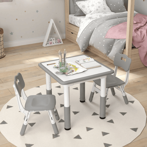 AIYAPLAY Mesa e Cadeiras para Crianças de 3 Peças com Altura Ajustável Mesa Infantil com 2 Cadeiras Fácil de Limpar para Crianças de 18 Meses a 5 Anos para Sala de Jogos Quarto Creche Branco e Cinza
