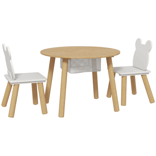 AIYAPLAY Mesa e Cadeiras Infantis de 3 Peças Mesa Infantil com 2 Cadeiras com Espaço de Arrumação para Crianças de 3-6 Anos para Sala de Jogos Dormitório Escola Infantil Madeira e Branco