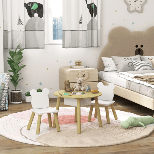 AIYAPLAY Mesa e Cadeiras Infantis de 3 Peças Mesa Infantil com 2 Cadeiras com Espaço de Arrumação para Crianças de 3-6 Anos para Sala de Jogos Dormitório Escola Infantil Madeira e Branco