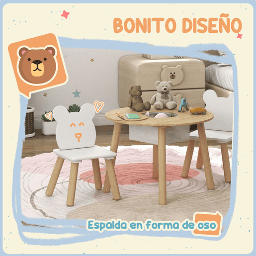AIYAPLAY Mesa e Cadeiras Infantis de 3 Peças Mesa Infantil com 2 Cadeiras com Espaço de Arrumação para Crianças de 3-6 Anos para Sala de Jogos Dormitório Escola Infantil Madeira e Branco