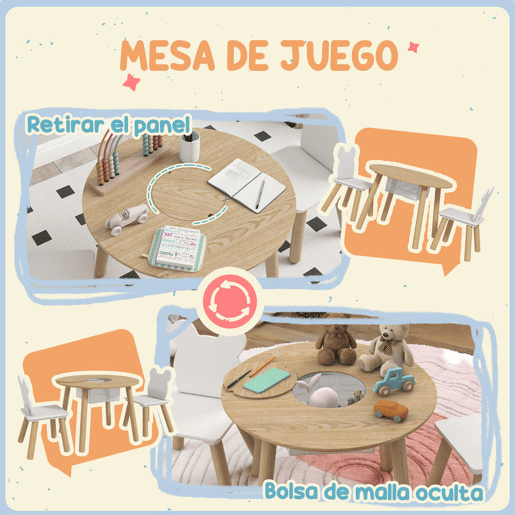 AIYAPLAY Mesa e Cadeiras Infantis de 3 Peças Mesa Infantil com 2 Cadeiras com Espaço de Arrumação para Crianças de 3-6 Anos para Sala de Jogos Dormitório Escola Infantil Madeira e Branco