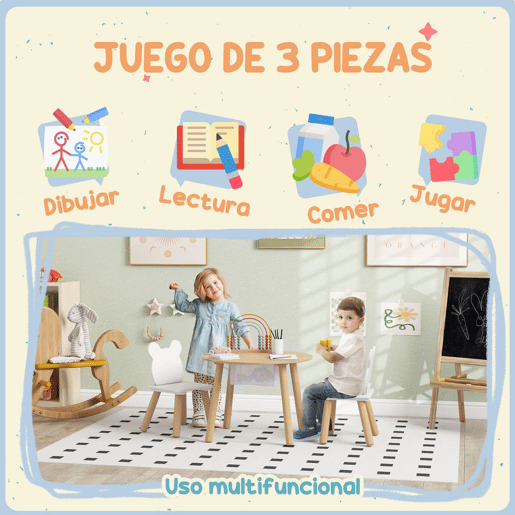 AIYAPLAY Mesa e Cadeiras Infantis de 3 Peças Mesa Infantil com 2 Cadeiras com Espaço de Arrumação para Crianças de 3-6 Anos para Sala de Jogos Dormitório Escola Infantil Madeira e Branco