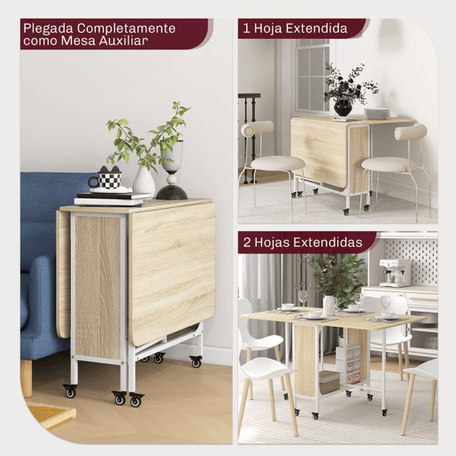 HOMOM Mesa de Cozinha Dobrável Mesa de Refeição Dobrável com Rodas Laterais Abatíveis e Prateleira Mesa Dobrável para Sala de Jantar 130x80x74 cm Madeira e Branco