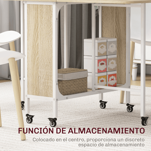 HOMOM Mesa de Cozinha Dobrável Mesa de Refeição Dobrável com Rodas Laterais Abatíveis e Prateleira Mesa Dobrável para Sala de Jantar 130x80x74 cm Madeira e Branco