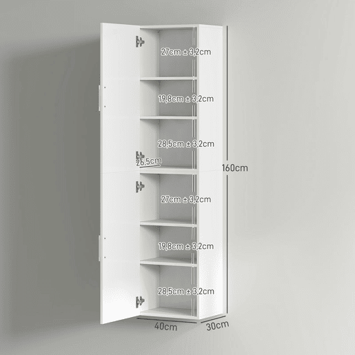 HOMCOM Coluna Casa de Banho de Parede Armário Alto Casa de Banho com Prateleiras Ajustáveis e 2 Portas Móvel Casa de Banho 40x30x160 cm Branco