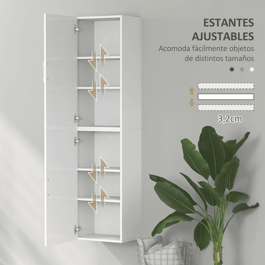 HOMCOM Coluna Casa de Banho de Parede Armário Alto Casa de Banho com Prateleiras Ajustáveis e 2 Portas Móvel Casa de Banho 40x30x160 cm Branco