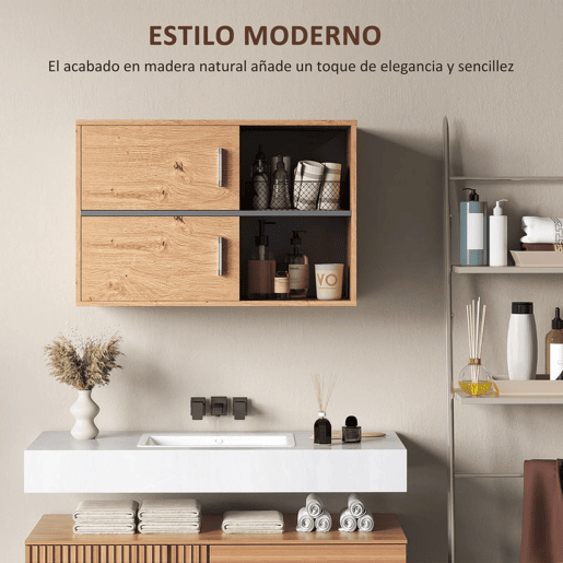 HOMCOM Móvel Auxiliar Casa de Banho Móvel para Casa de Banho de Parede com Compartimentos Abertos e 2 Portas Móvel Casa de Banho Moderno 80x35x57,5 cm Madeira