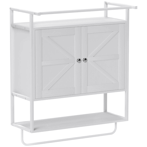 HOMCOM Armário de Parede para Casa de Banho Multiusos Móvel Suspenso de Armazenamento com 2 Portas Prateleira e Barra para Toalhas 63x34x75 cm Branco