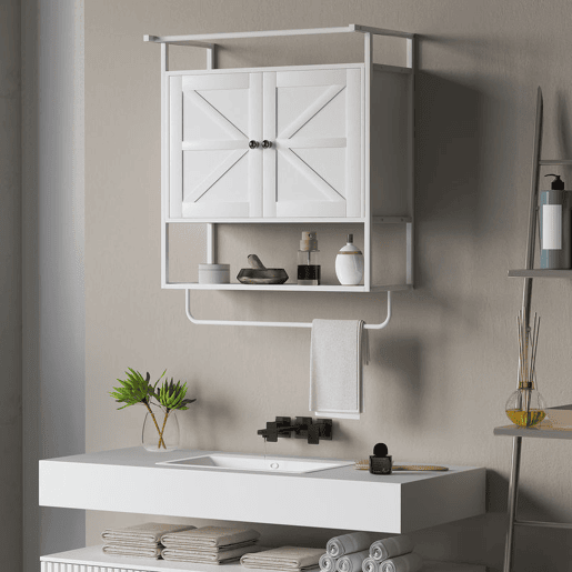 HOMCOM Armário de Parede para Casa de Banho Multiusos Móvel Suspenso de Armazenamento com 2 Portas Prateleira e Barra para Toalhas 63x34x75 cm Branco