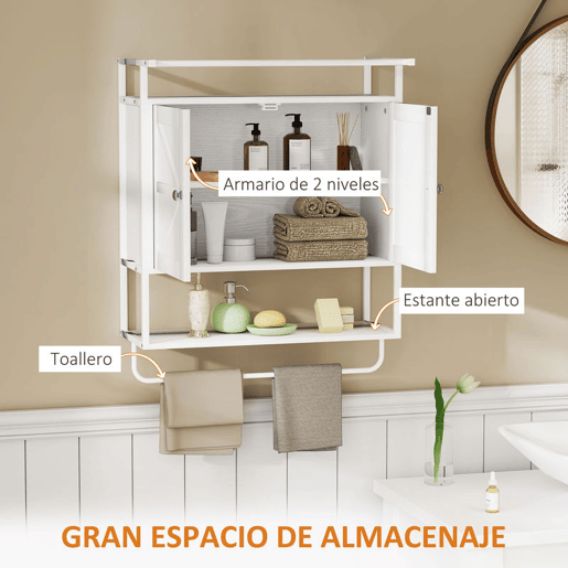 HOMCOM Armário de Parede para Casa de Banho Multiusos Móvel Suspenso de Armazenamento com 2 Portas Prateleira e Barra para Toalhas 63x34x75 cm Branco