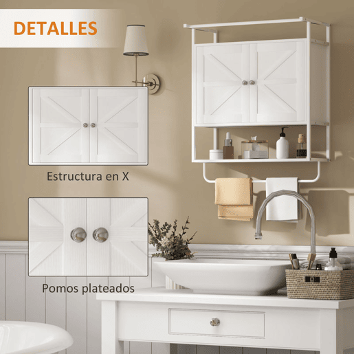 HOMCOM Armário de Parede para Casa de Banho Multiusos Móvel Suspenso de Armazenamento com 2 Portas Prateleira e Barra para Toalhas 63x34x75 cm Branco