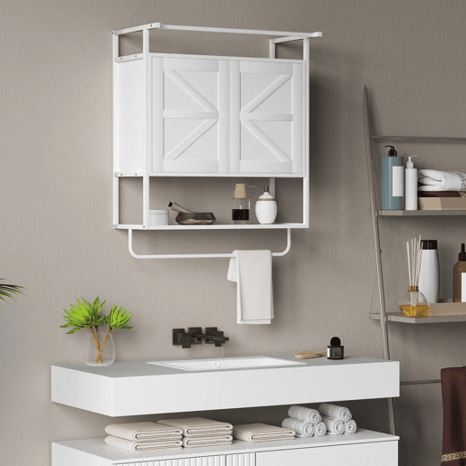 HOMCOM Armário de Parede para Casa de Banho Multiusos Móvel Suspenso de Armazenamento com 2 Portas Prateleira e Barra para Toalhas 63x34x75 cm Branco