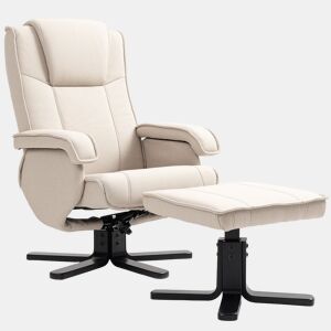 HOMCOM Poltrona Relax Reclinável com Apoio para os Pés Poltrona Giratória Estofada em Linho com Base de Madeira Função Baloiço Poltrona para Quarto Sala de Estar 67x87x96 cm Bege