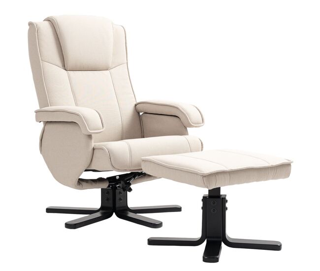 Homcom sillón relax reclinable con reposapiés butaca de salón giratoria tapizado en lino con base de madera butaca para dormitorio sala de estar beige
