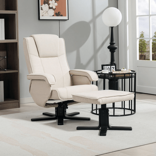 HOMCOM Poltrona Relax Reclinável com Apoio para os Pés Poltrona Giratória Estofada em Linho com Base de Madeira Função Baloiço Poltrona para Quarto Sala de Estar 67x87x96 cm Bege HOMCOM Poltrona Relax Reclinável com Apoio para os Pés Poltrona Giratória Estofada em Linho com Base de Madeira Função Baloiço Poltrona para Quarto Sala de Estar 67x87x96 cm Bege