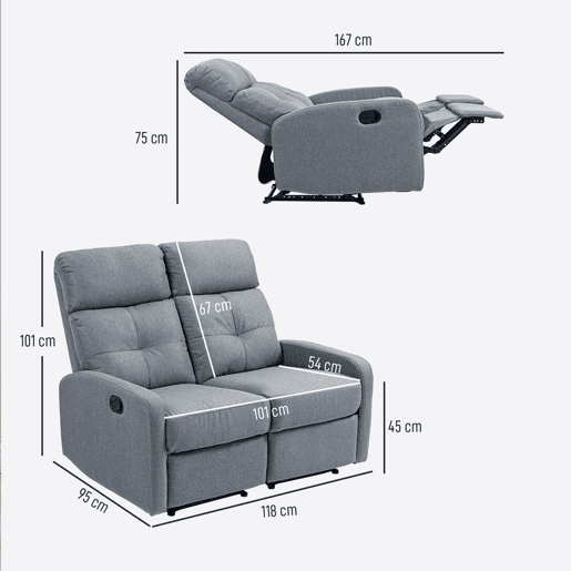 HOMCOM Sofá de 2 Lugares Reclinável Manual Sofá Relax Estofado em Linho com Apoio para Pés Molas e Almofada Espessa para Quarto Sala de Estar 118x95x101 cm Cinzento