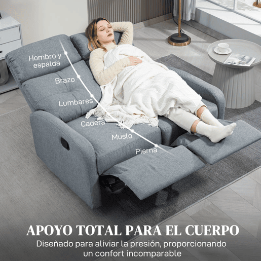 HOMCOM Sofá de 2 Lugares Reclinável Manual Sofá Relax Estofado em Linho com Apoio para Pés Molas e Almofada Espessa para Quarto Sala de Estar 118x95x101 cm Cinzento