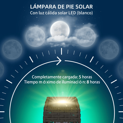 Outsunny Candeeiro Solar com Iluminação LED Liga Automático Candeeiro se Exterior em Aço e Vime PE 20x20x68 cm Cinzento Escuro