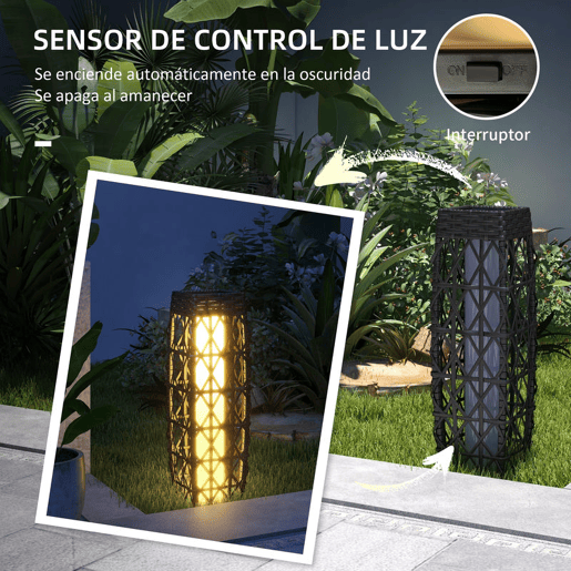 Outsunny Candeeiro Solar com Iluminação LED Liga Automático Candeeiro se Exterior em Aço e Vime PE 20x20x68 cm Cinzento Escuro